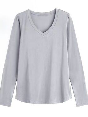 Women's Light Gray V-Neck Long Sleeve Tee